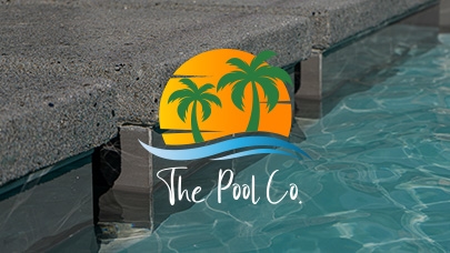 branded logo with pool in the background